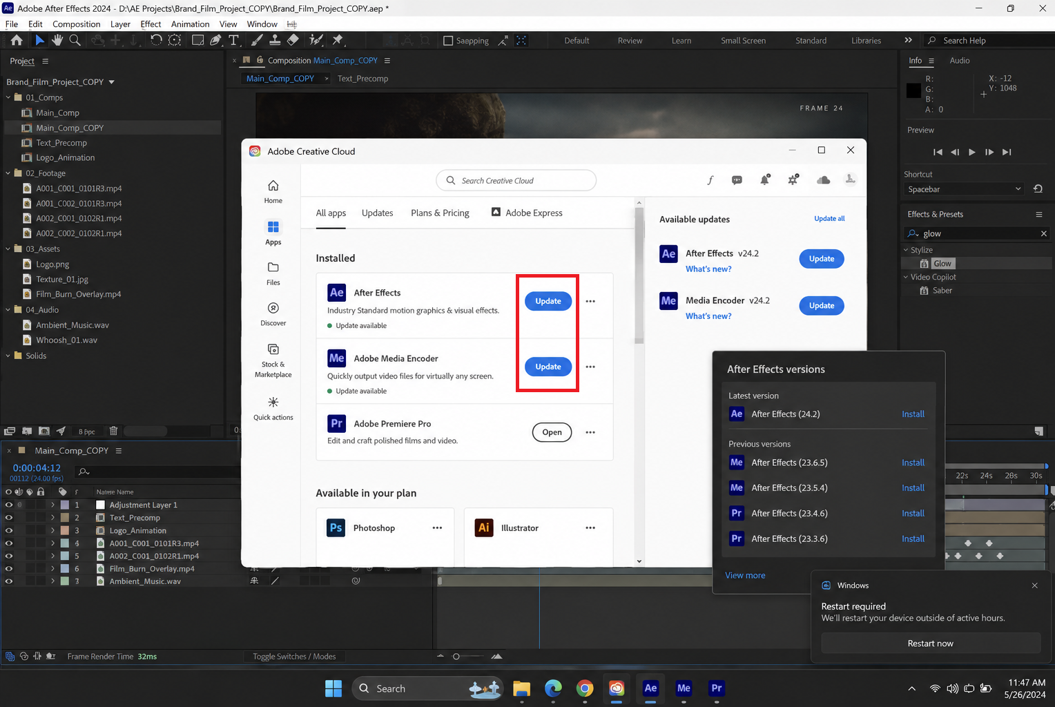 Creative Cloud desktop app showing After Effects update and previous version options.
