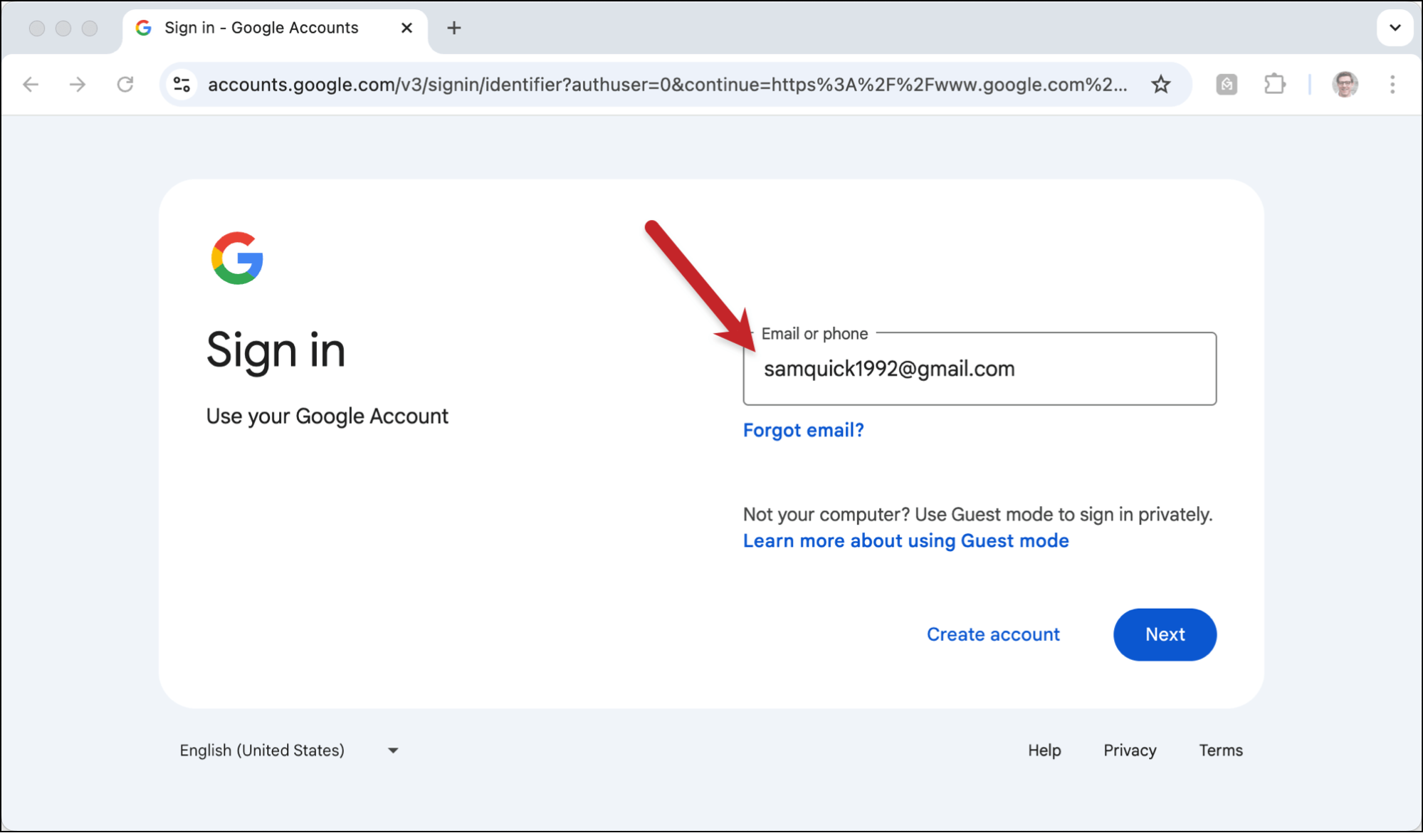 Affected Gmail account being signed in alone in a clean browser window.