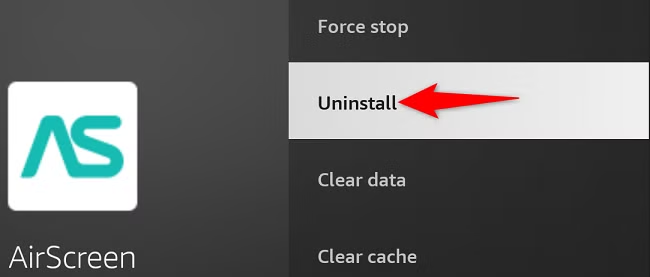 Fire TV Manage Installed Applications screen uninstalling an affected app.