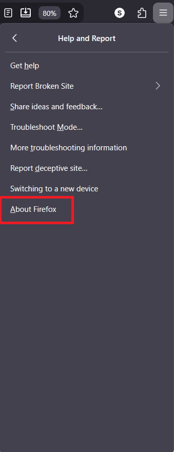 Firefox Help menu showing the About Firefox update option.