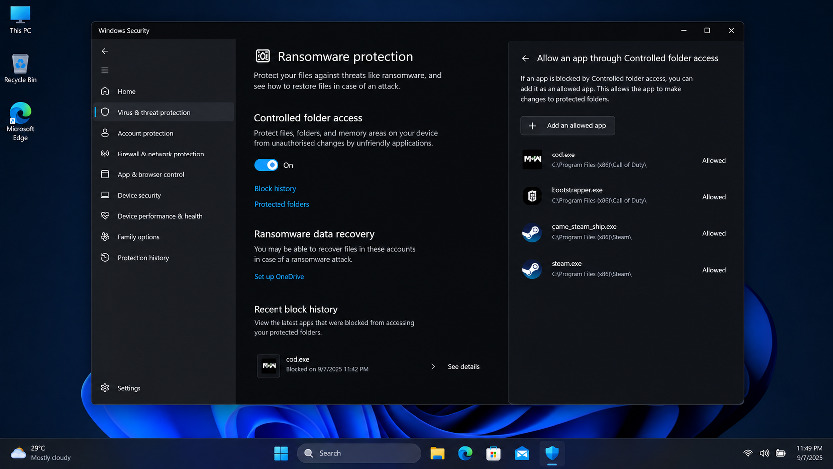 Windows Security Controlled Folder Access allowing Call of Duty through protected folder access.