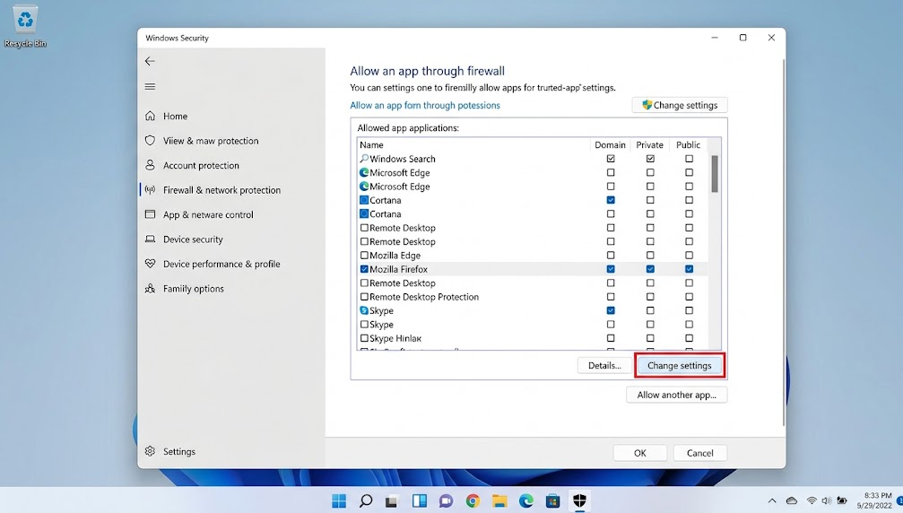 Windows Firewall and internet security suite settings allowing Mozilla Firefox internet access.