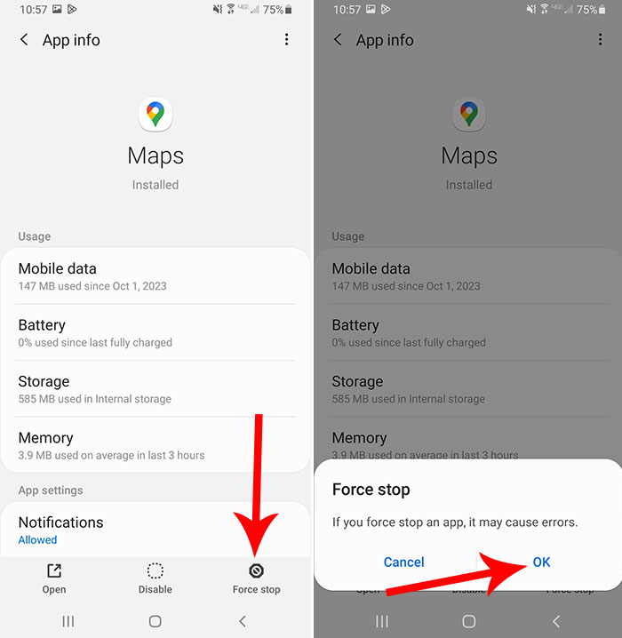 Android Maps App info screen with Force stop highlighted.