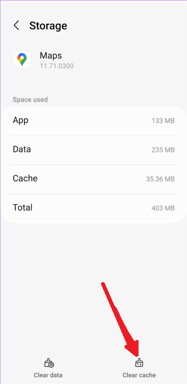 Android Maps storage settings showing Clear cache separately from Clear storage.