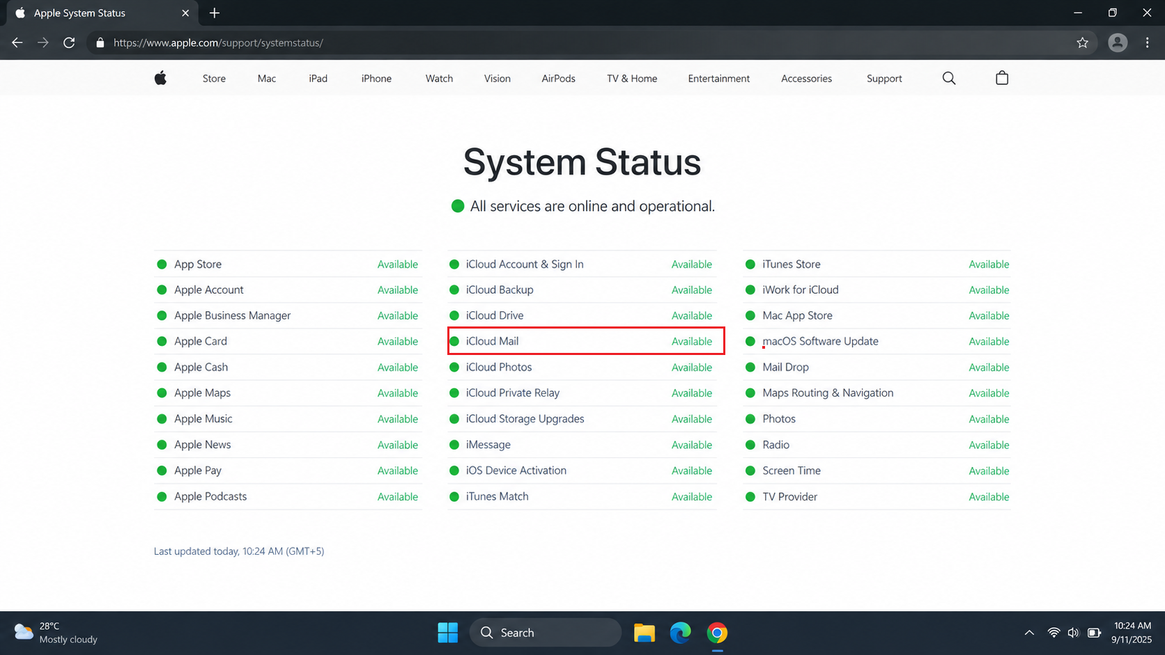 Apple System Status page and iCloud Mail open in a web browser for a delivery test.