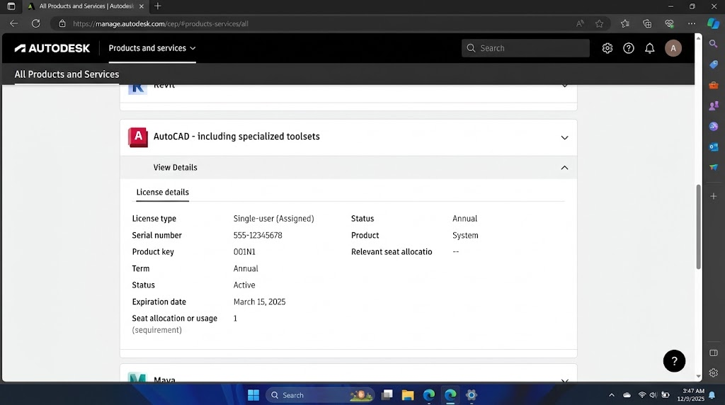 Autodesk Account showing License details for the selected AutoCAD product.