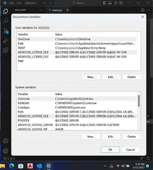 Windows Environment Variables dialog showing an existing ADSKFLEX_LICENSE_FILE entry.