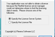 AutoCAD startup showing the FlexNet License Finder dialog and its server and file choices.