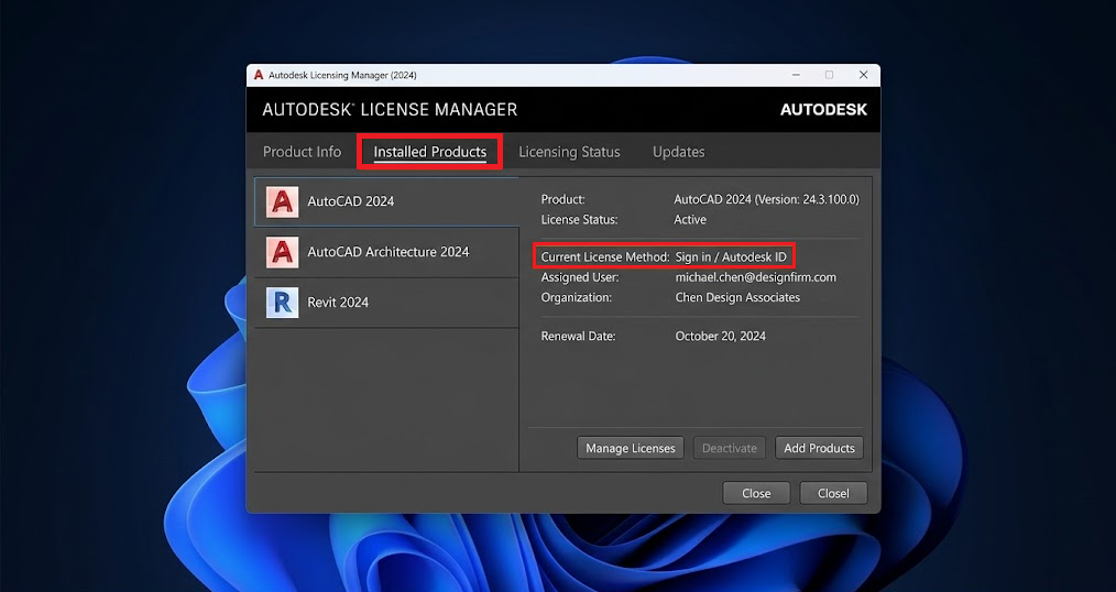 Licensing and Sign-in Helper showing the affected AutoCAD release with Network as its license method.