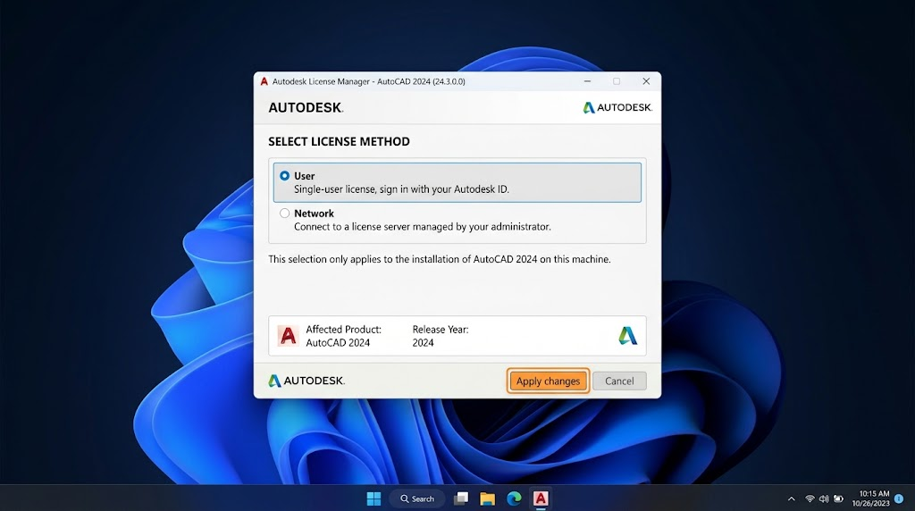 Autodesk helper with User selected under Select license method and Apply changes visible.