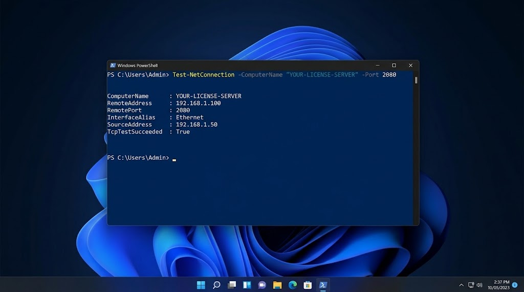 Windows PowerShell showing TcpTestSucceeded for a test of the license server's configured port.
