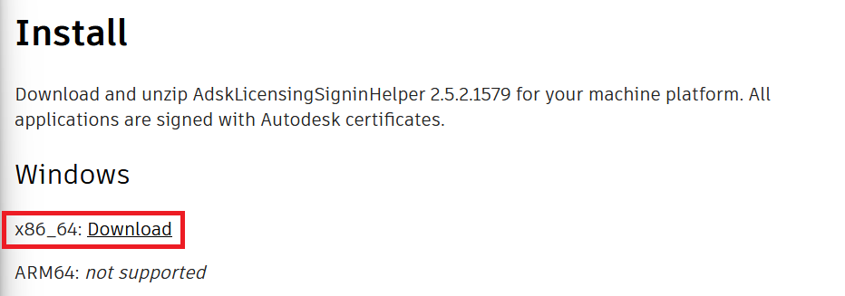 Autodesk support page showing the Windows Licensing and Sign-in Helper download.