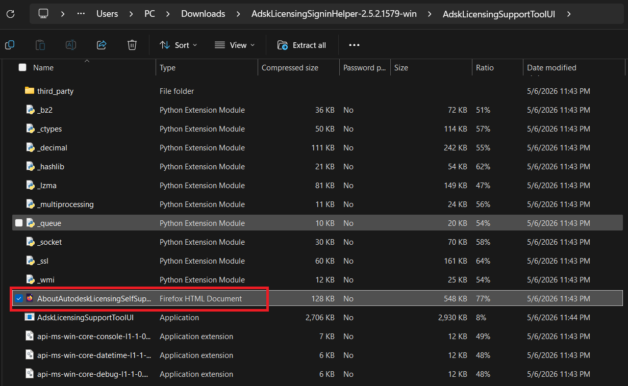Extracted Autodesk helper folder containing AdskLicensingSupportToolUI.exe.