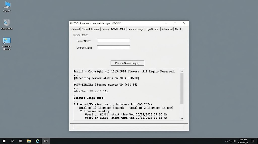 LMTOOLS Server Status showing license server UP and adskflex UP entries.