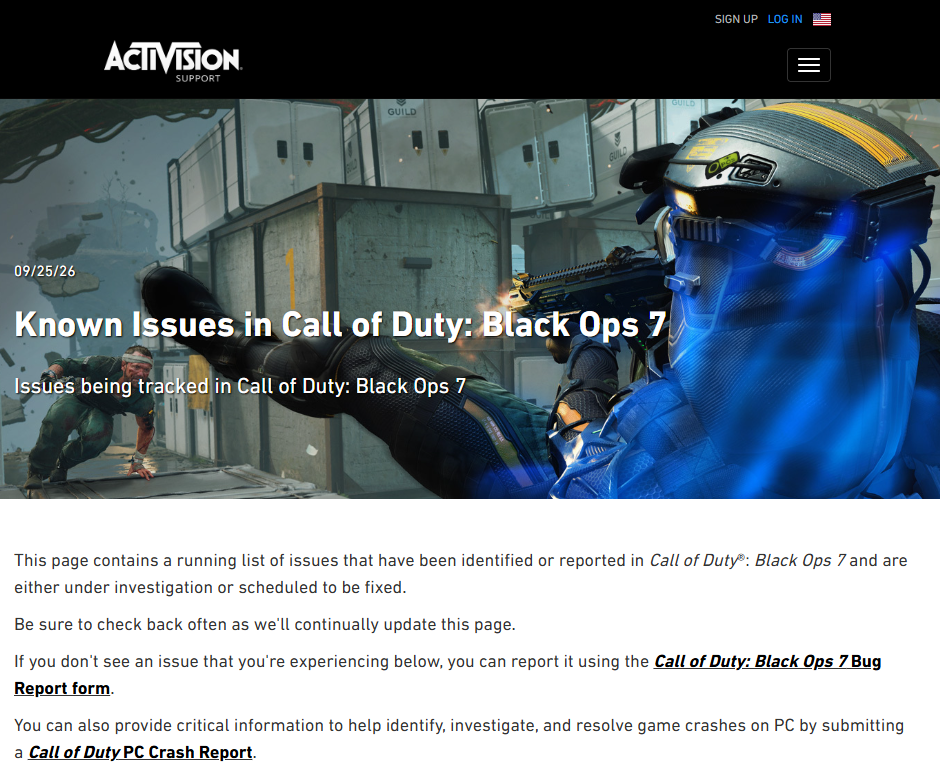 Activision Black Ops 7 known-issues page with its update date visible.