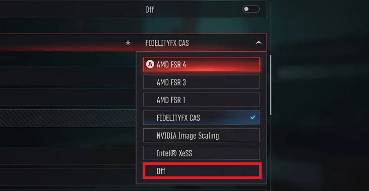 Black Ops 7 FIDELITYFX CAS setting switched off for Player 2 on PS5.