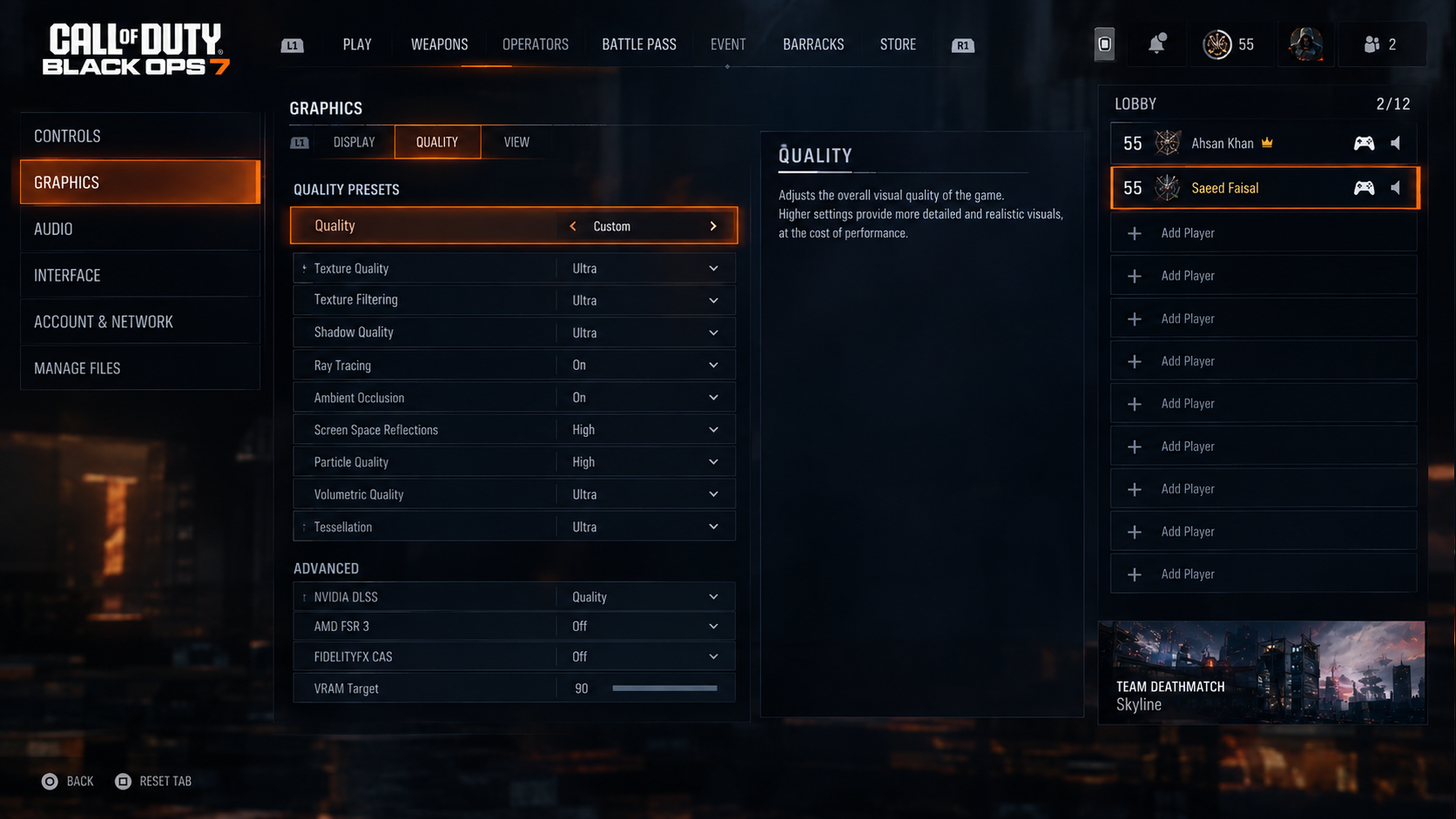 Black Ops 7 Graphics Quality settings opened using Player 2's controller on PS5.