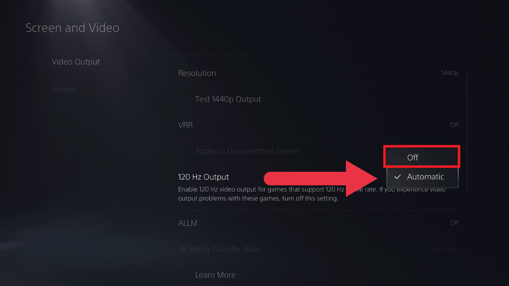 PS5 Video Output page with 120 Hz Output set to Off.