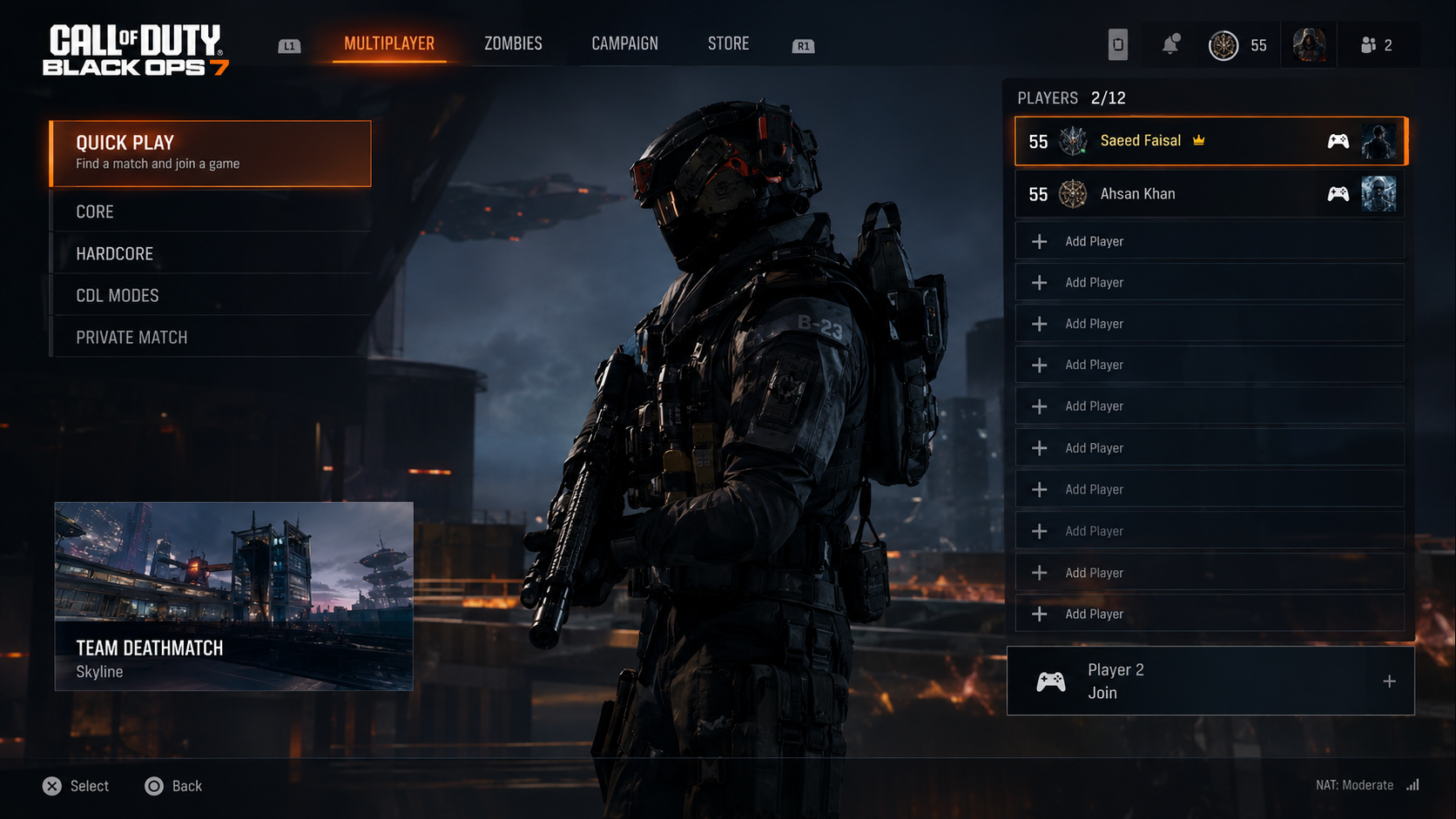 Black Ops 7 lobby opened by the other local player with the join prompt visible.