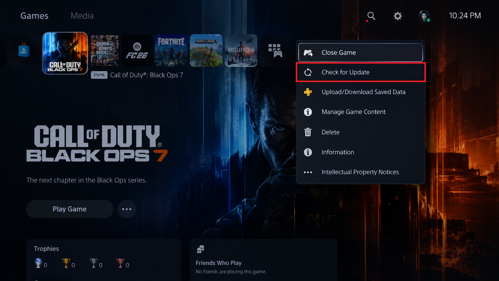 PS5 Call of Duty tile menu with Check for Update highlighted.