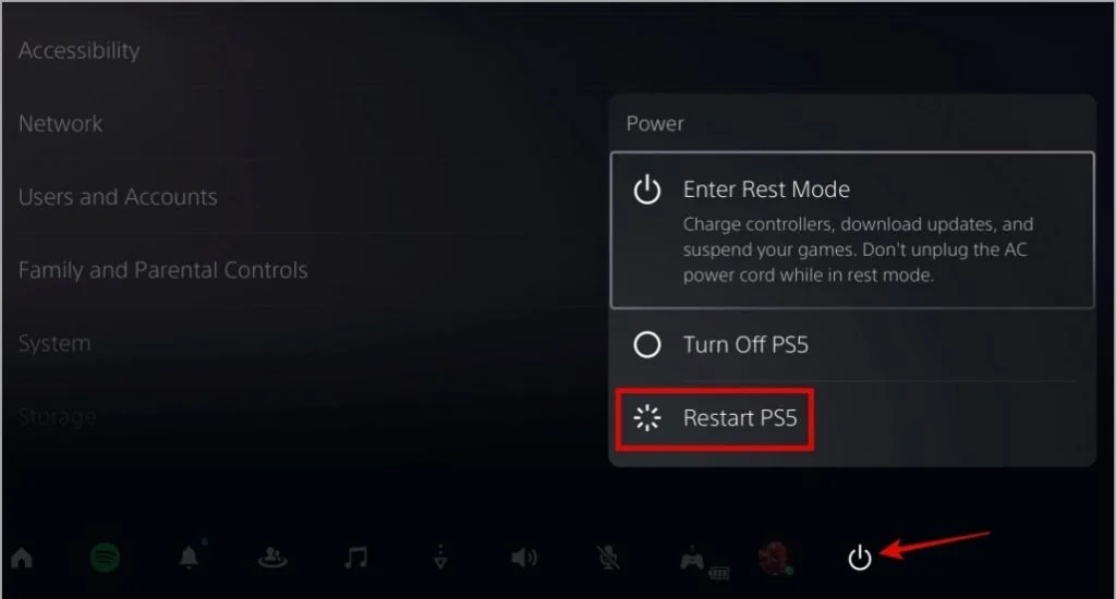 PS5 control center Power menu with Restart PS5 selected.