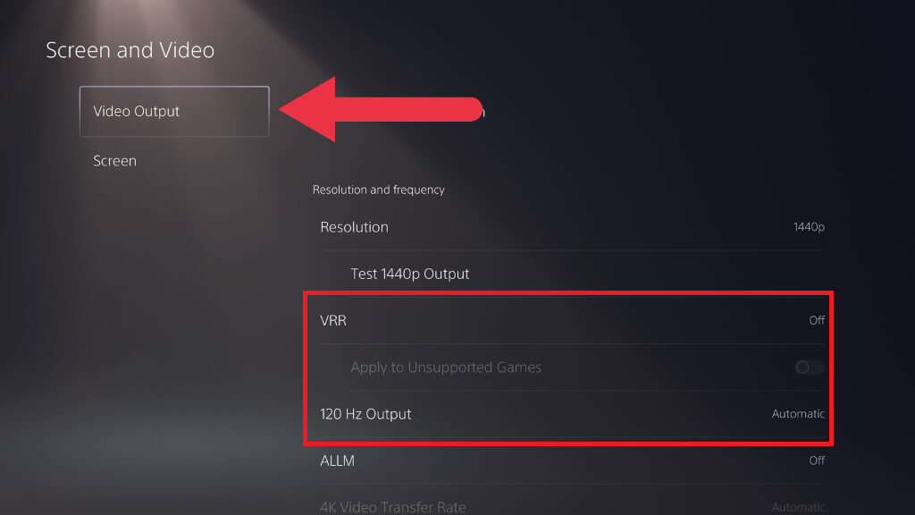 PS5 Settings showing Screen and Video and the Video Output controls.