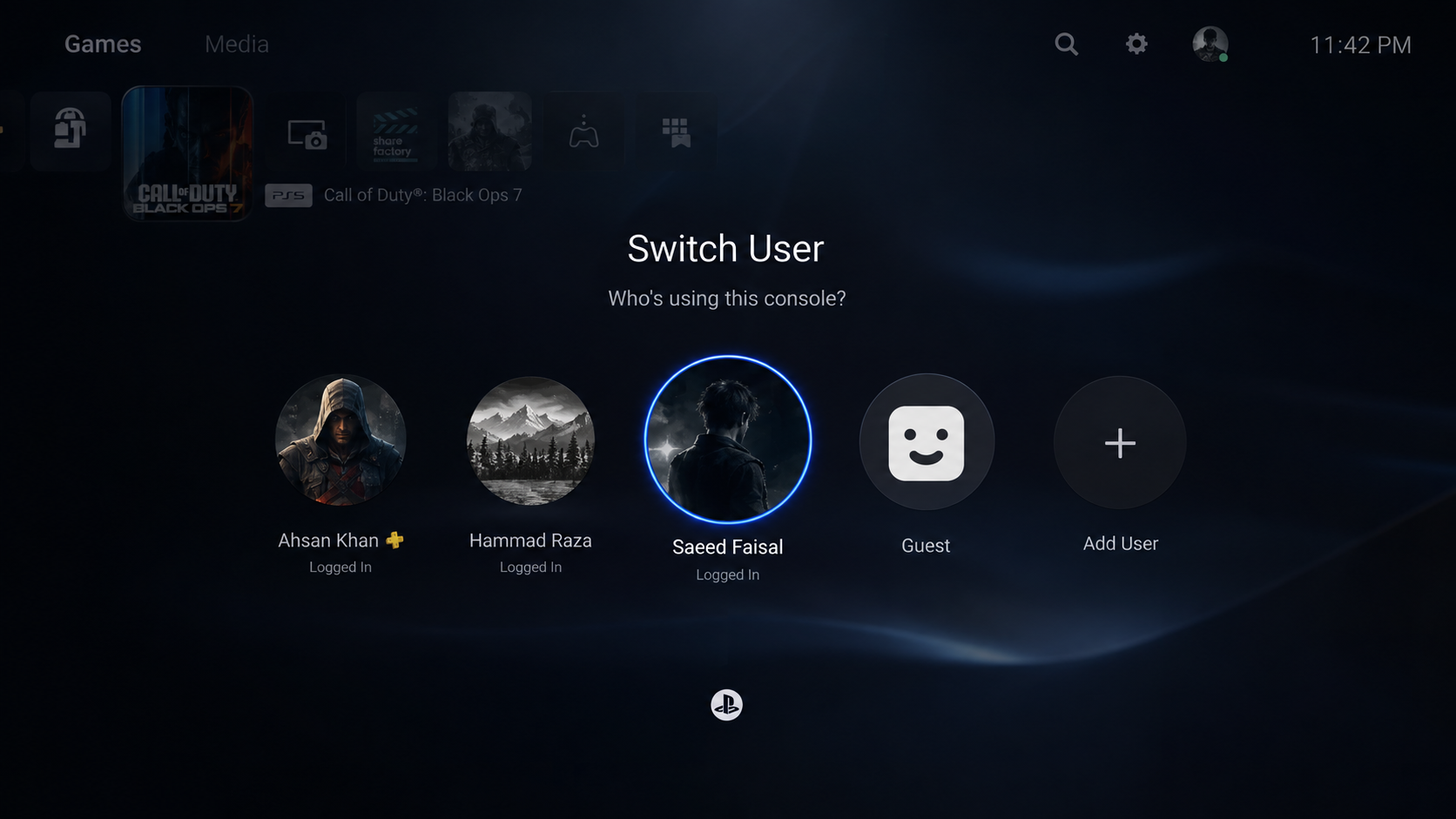 PS5 profile menu with Switch User selected.