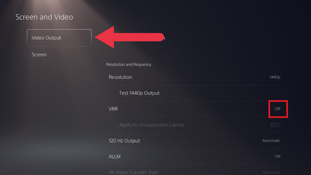 PS5 Video Output page with VRR set to Off.