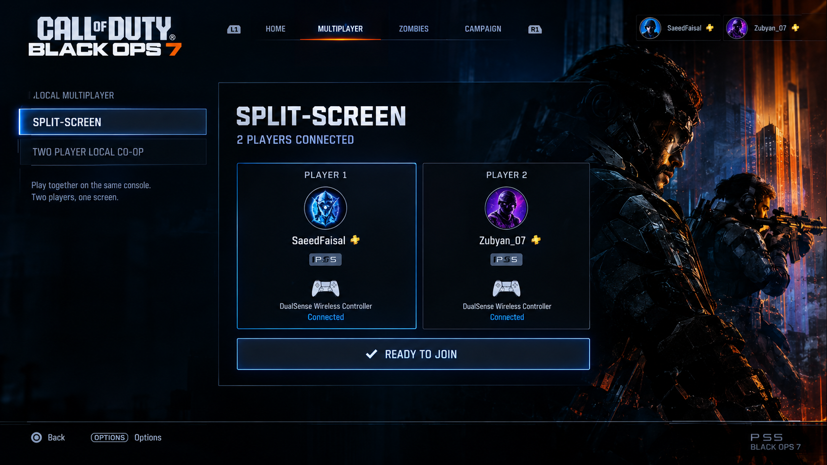 Two local players assigned to separate PS5 users before opening Black Ops 7.