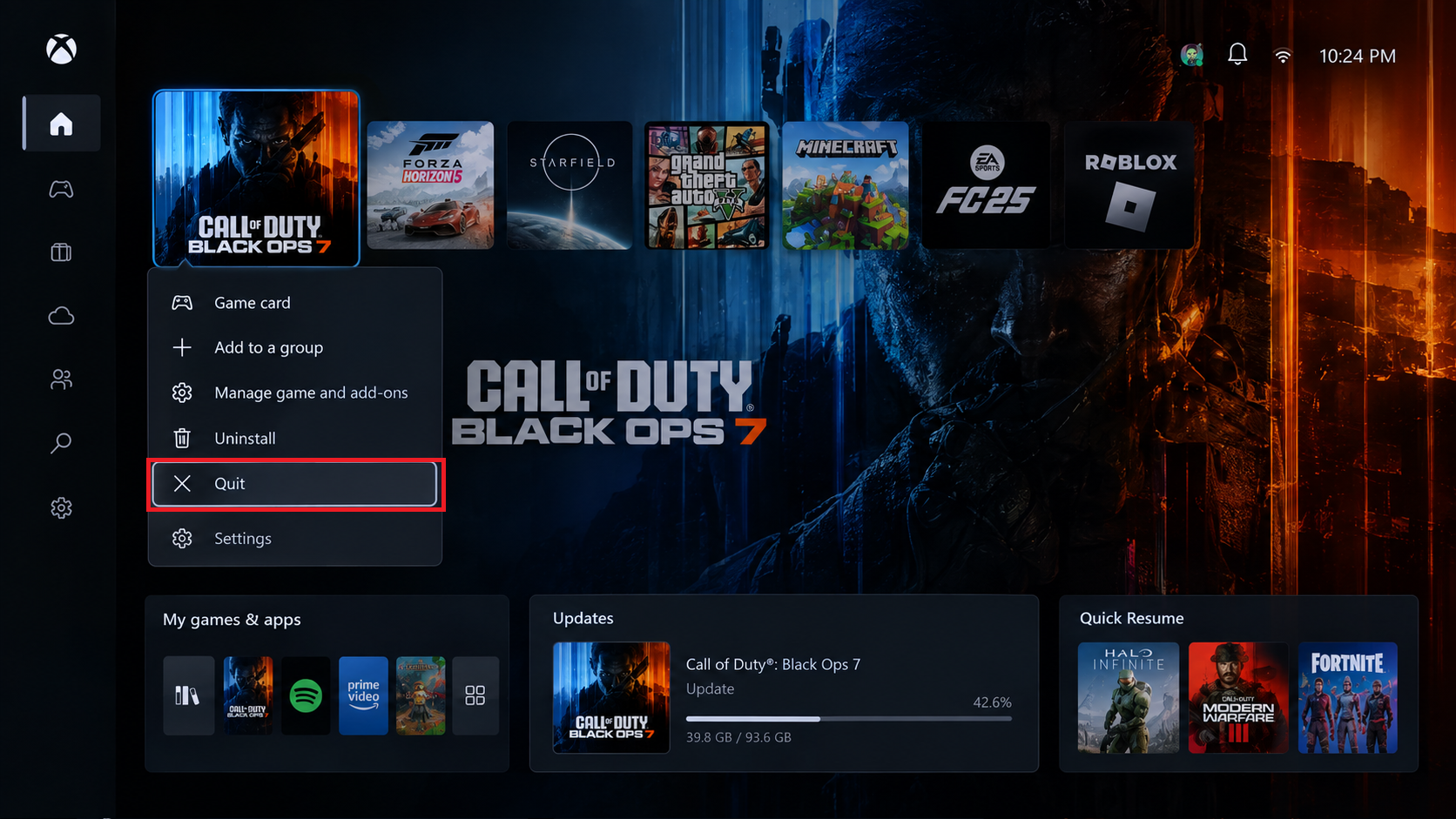 Xbox Series X|S game update screen showing the Call of Duty update status.