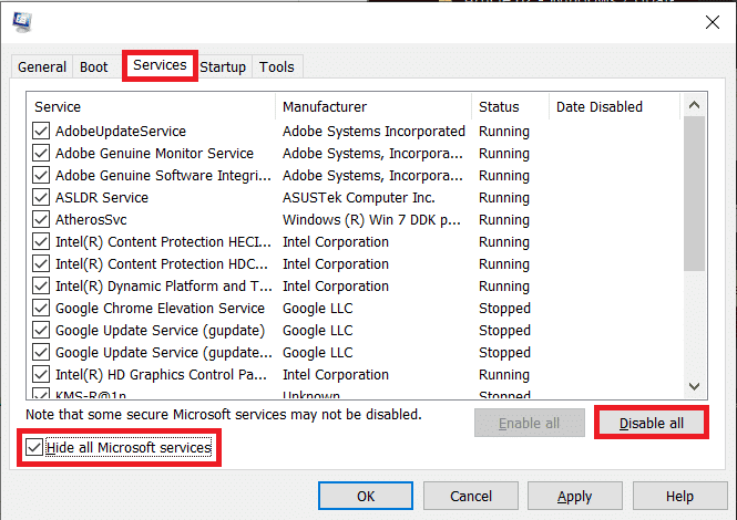Windows System Configuration hiding Microsoft services before a clean boot test for Warzone.