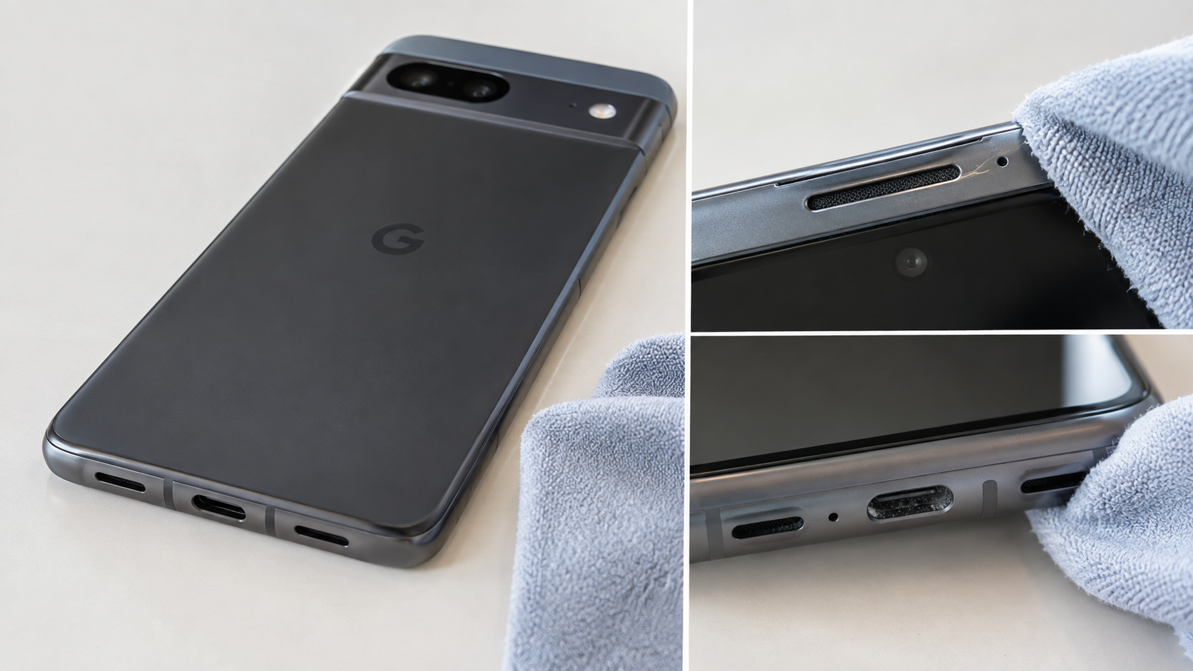 Google Pixel case removed while the bottom speaker and USB-C port are checked with a soft cloth nearby.