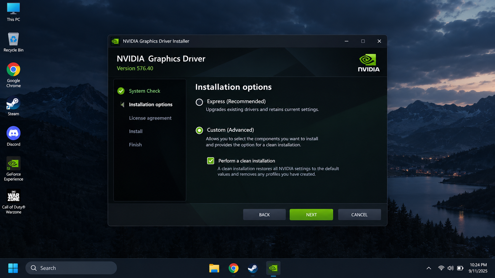 NVIDIA AMD or Intel graphics driver installer showing clean installation options for Warzone troubleshooting.