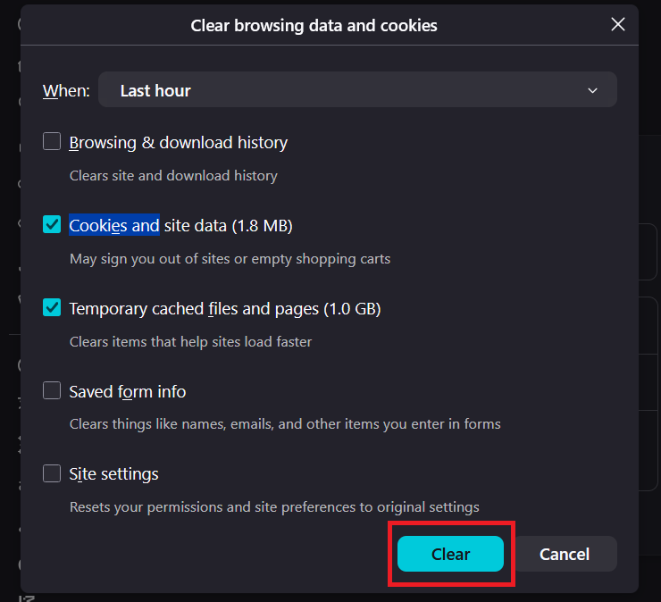 Firefox Clear Recent History window selecting cookies site data and temporary cached files.