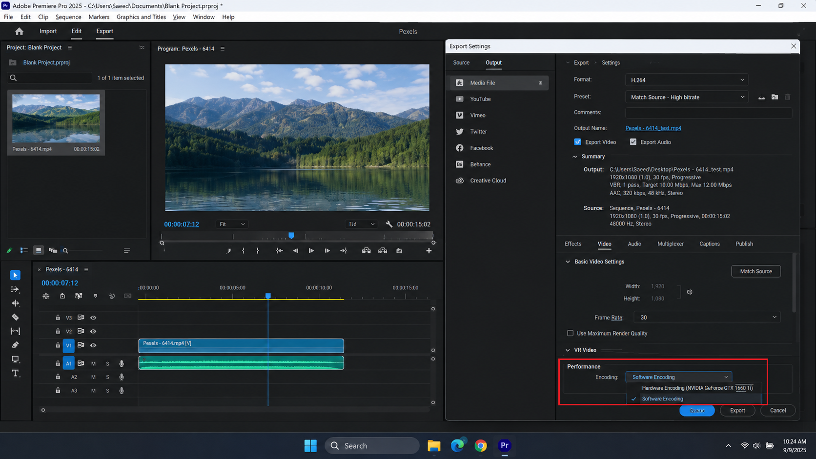 Premiere Pro compatibility report and export settings used to test Continue with known issues and Software Encoding.