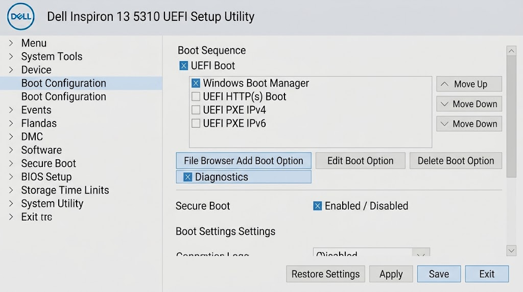 Dell UEFI boot configuration with Add Boot Option available while Windows Boot Manager is missing.