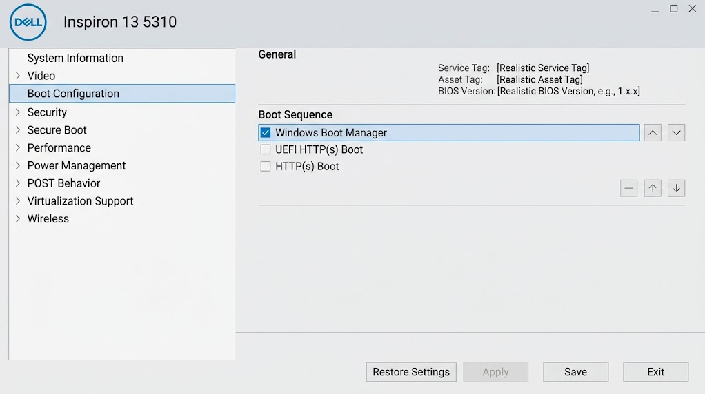 Dell BIOS Boot Configuration showing Windows Boot Manager and UEFI HTTPs Boot in the boot sequence.