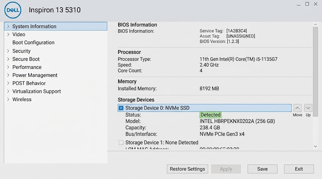 Dell BIOS storage information listing the model and capacity of the internal SSD.