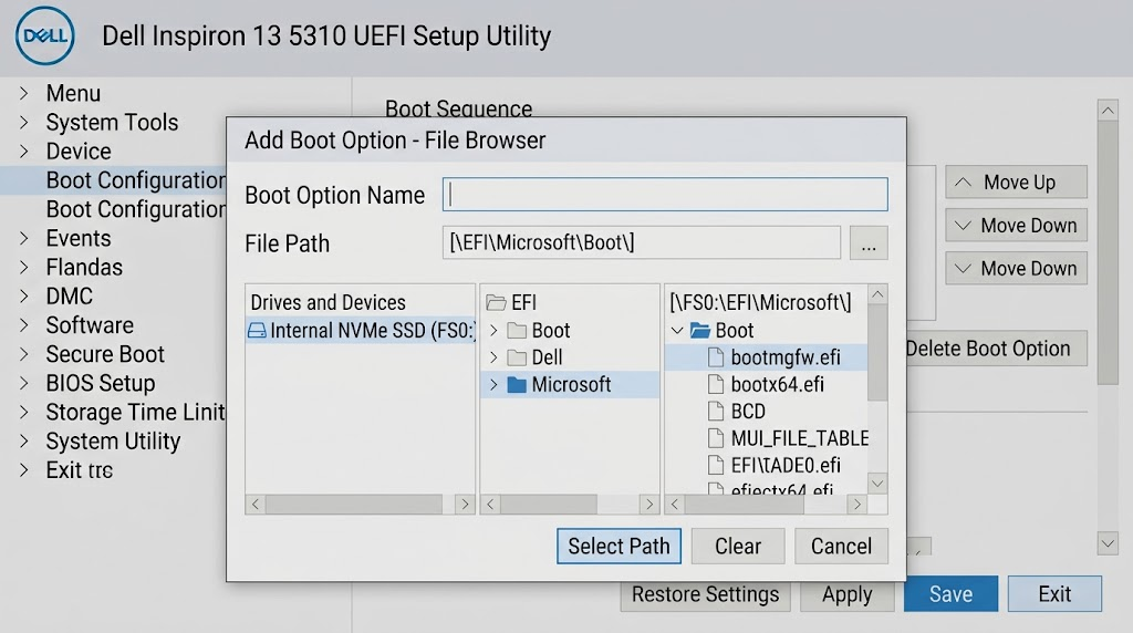 Dell firmware file browser navigating the internal disk's EFI, Microsoft, and Boot folders.