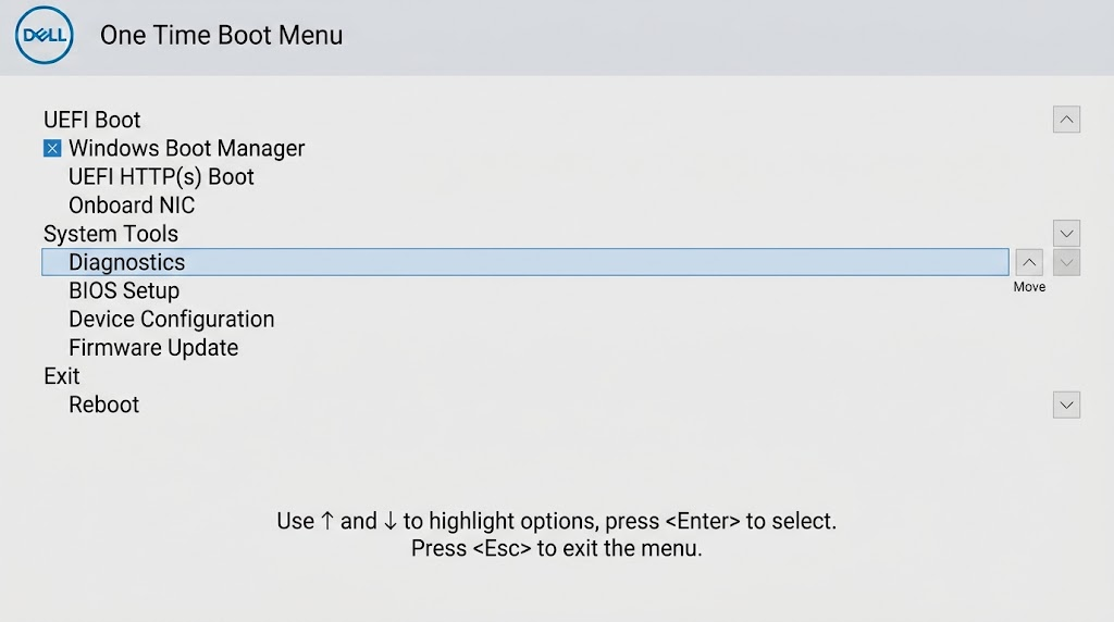 Dell One Time Boot Menu with Diagnostics highlighted before running the hardware quick test.
