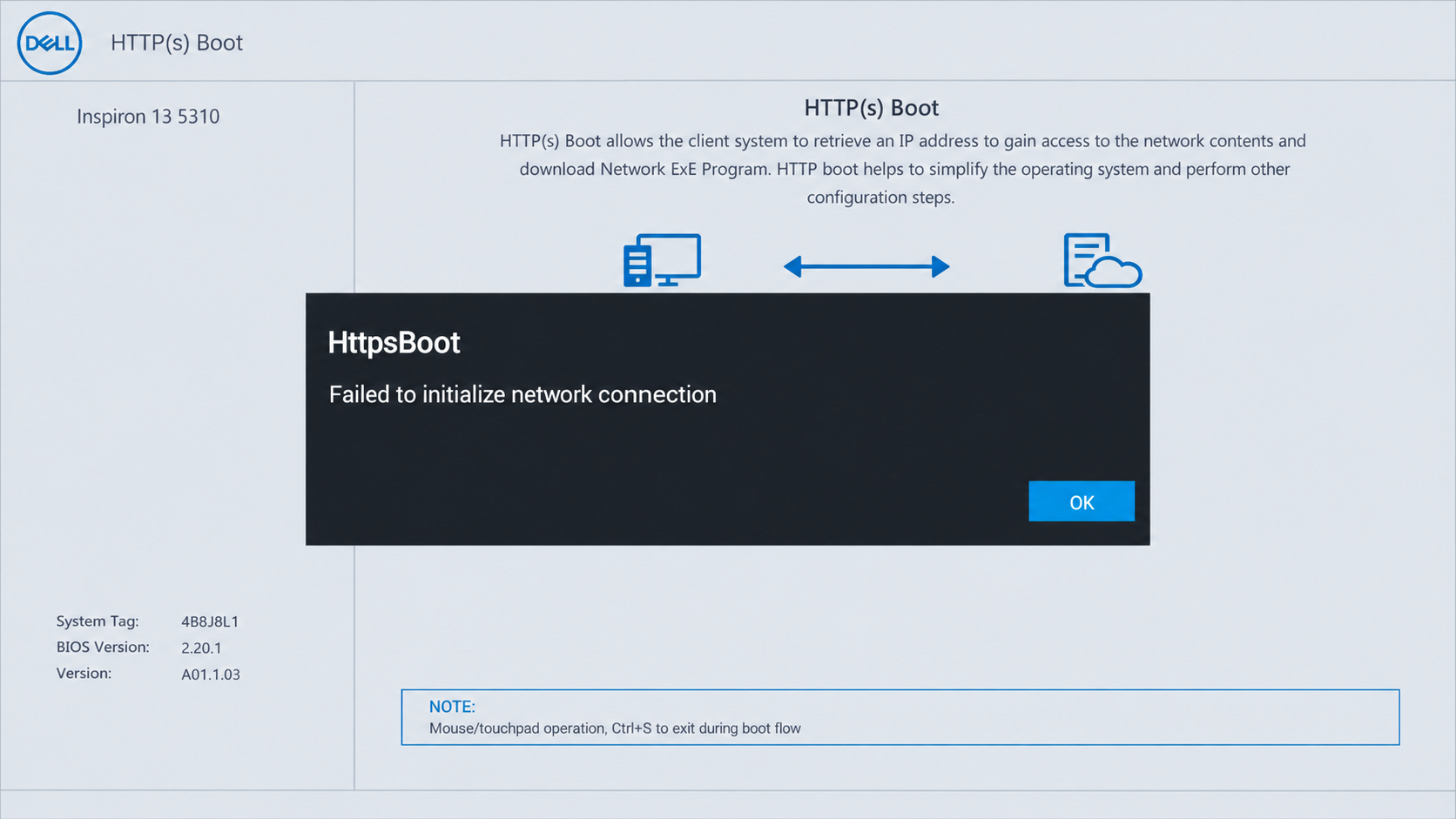 Dell HTTP(s) Boot screen reporting that it failed to initialize a network connection before Windows starts.
