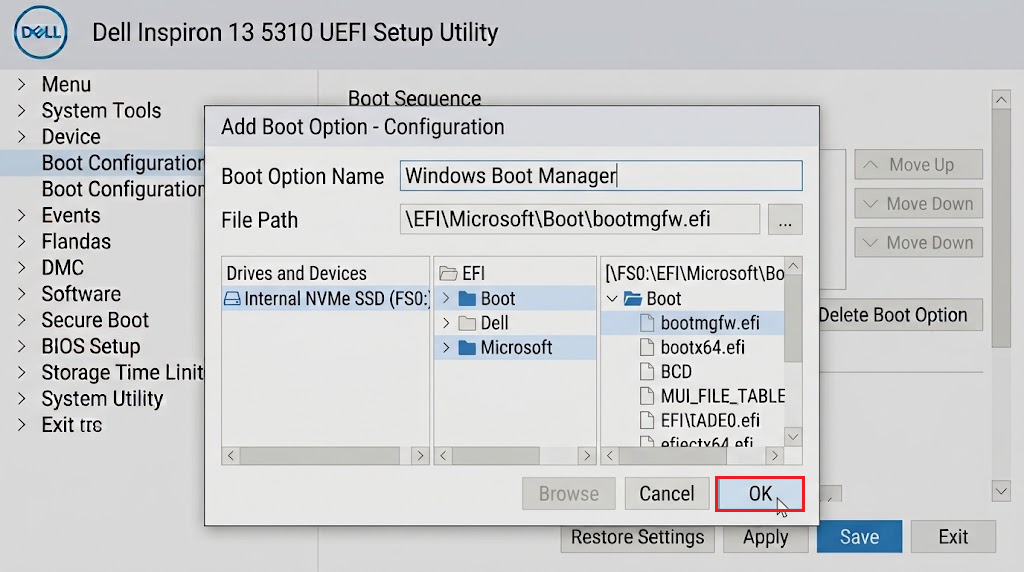 Dell Add Boot Option dialog naming the selected Windows EFI file Windows Boot Manager.