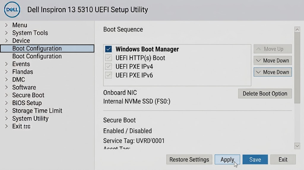 Dell BIOS showing the newly added Windows Boot Manager enabled at the top of the boot sequence.
