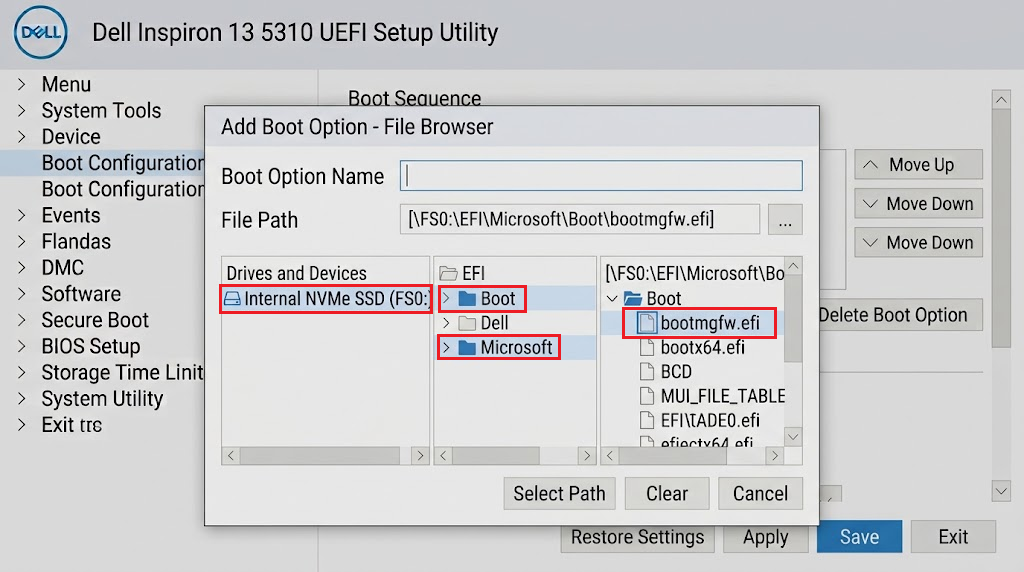 Dell firmware file browser with bootmgfw.efi selected inside EFI Microsoft Boot.