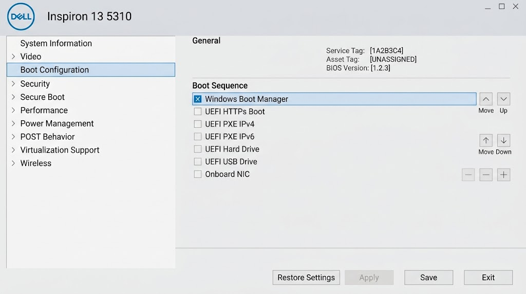 Dell BIOS with the existing Windows Boot Manager entry enabled and moved above network boot entries.