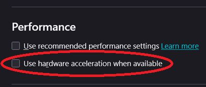 Firefox Performance settings with Use hardware acceleration when available turned off.