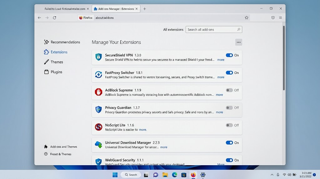 Firefox Extensions page disabling VPN privacy ad blocker and script blocker extensions.