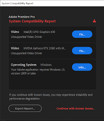 Premiere Pro Help menu and System Compatibility Report window with Export Report selected.
