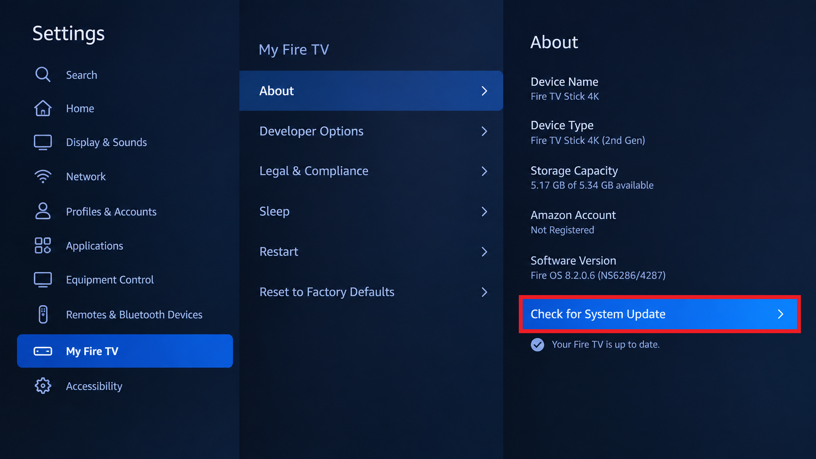 Fire TV About screen with Check for System Update selected.