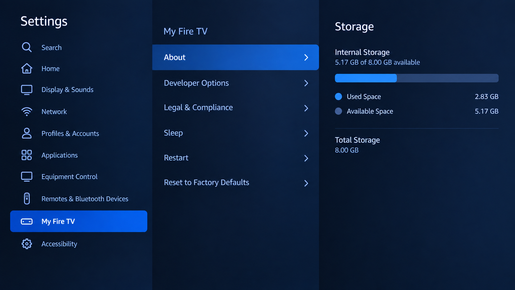 Fire TV About screen showing internal storage space while troubleshooting blocked apps.